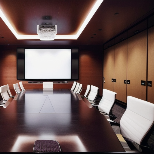 Professional boardroom with strategy documents and screens, no people